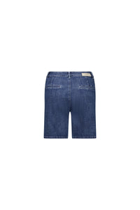Back view of mid-wash denim shorts with welt pockets and belt loops on white background