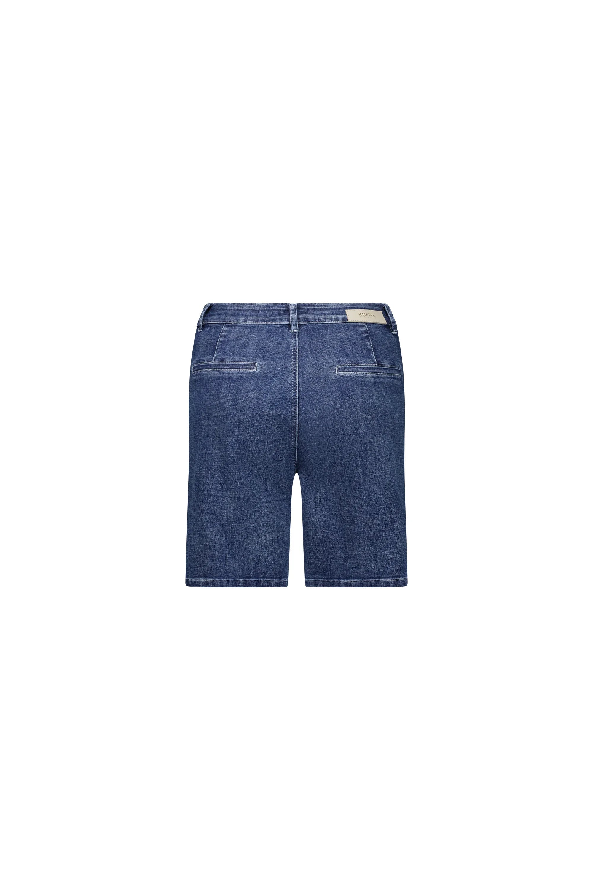 Back view of mid-wash denim shorts with welt pockets and belt loops on white background