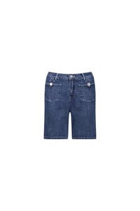 Mid-wash denim shorts with front pockets and silver buttons, laid flat on white background