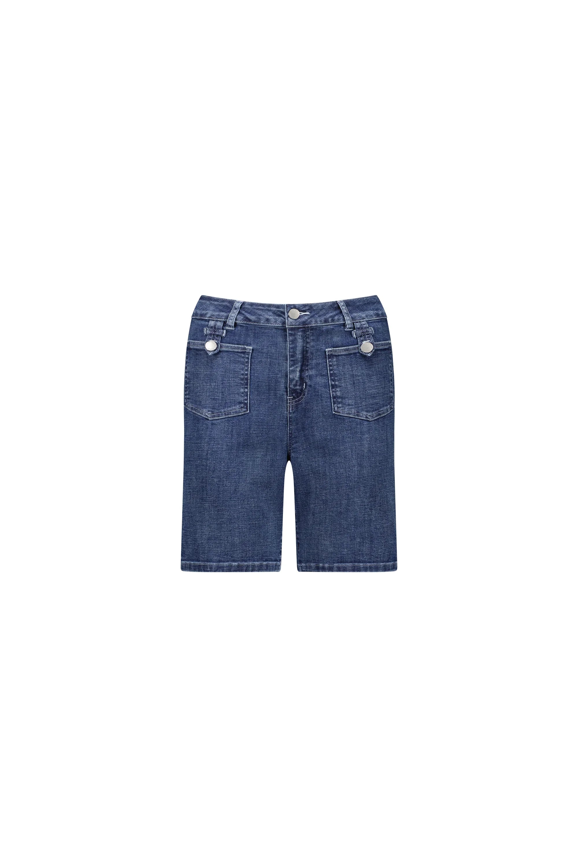 Mid-wash denim shorts with front pockets and silver buttons, laid flat on white background