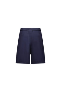 Back view of women's navy blue tailored shorts with belt loops and welt pockets