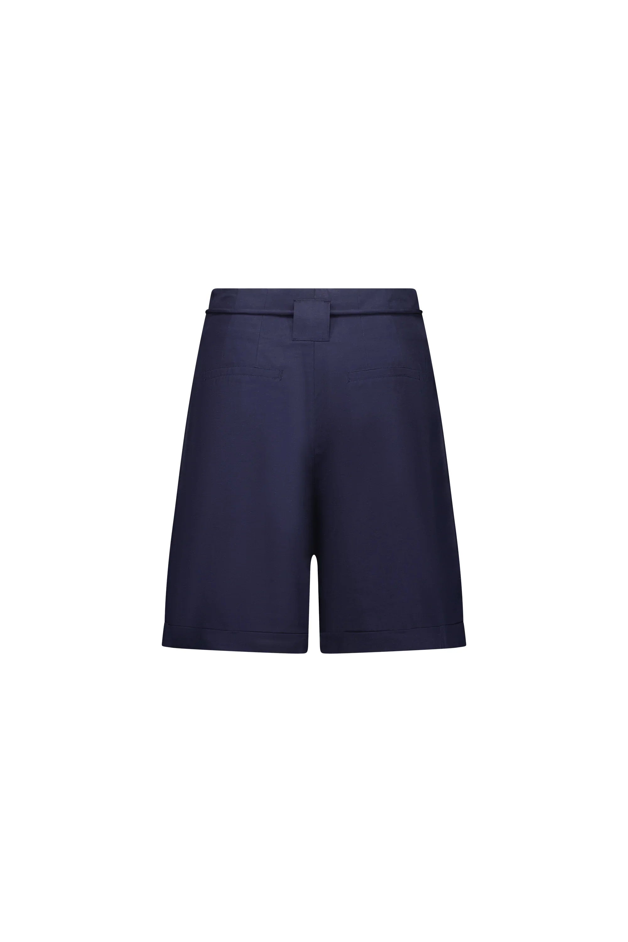Back view of women's navy blue tailored shorts with belt loops and welt pockets