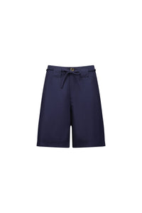 navy blue women’s shorts with drawstring waist and button detail, front view