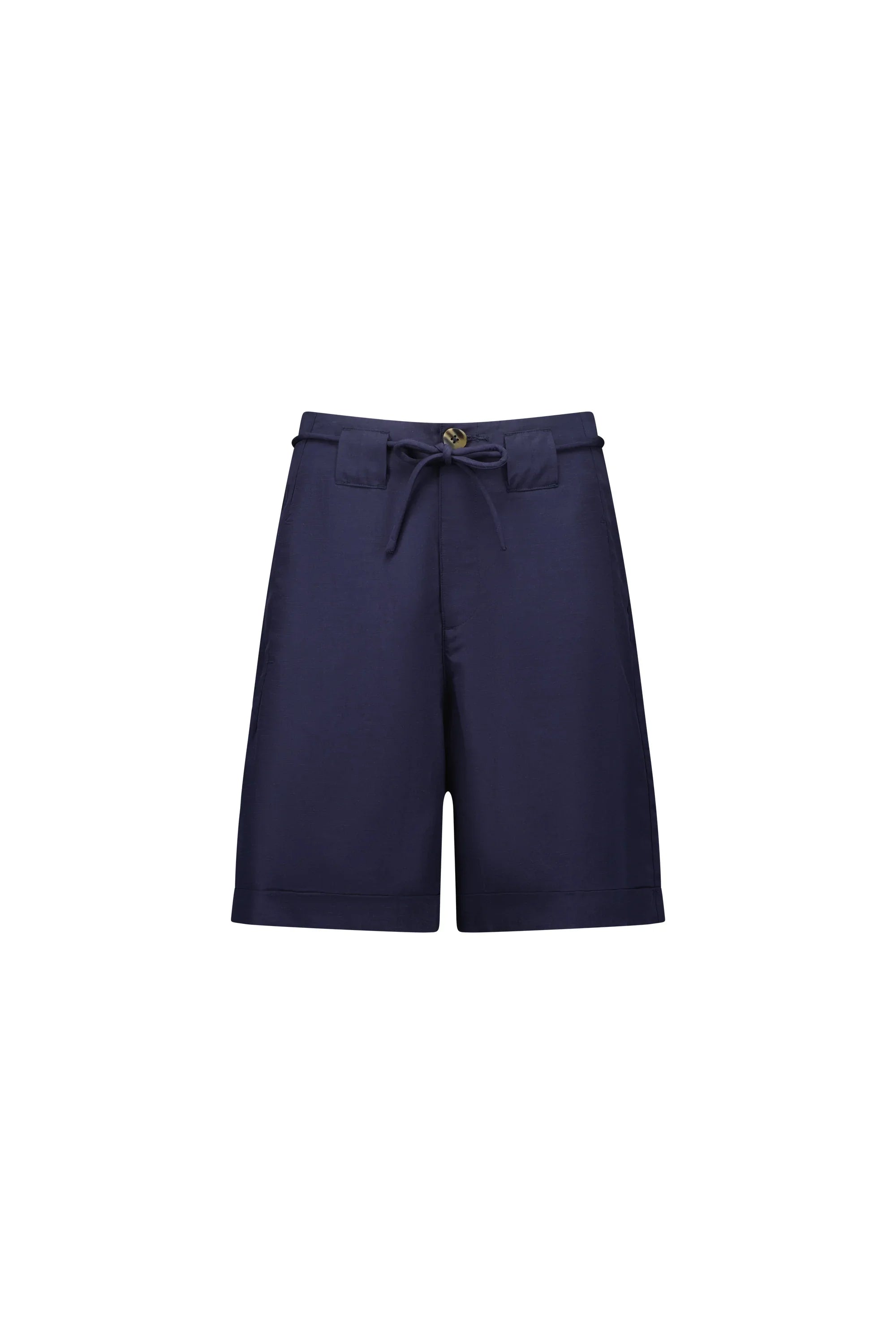 navy blue women’s shorts with drawstring waist and button detail, front view