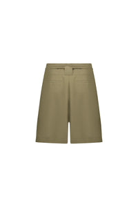 Back view of khaki tailored shorts with belt loops and welt pockets