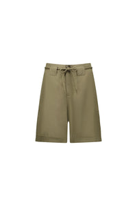 Khaki women’s shorts with front tie belt and pockets, minimalist contemporary design