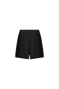Back view of black women's shorts with elastic waistband on white background