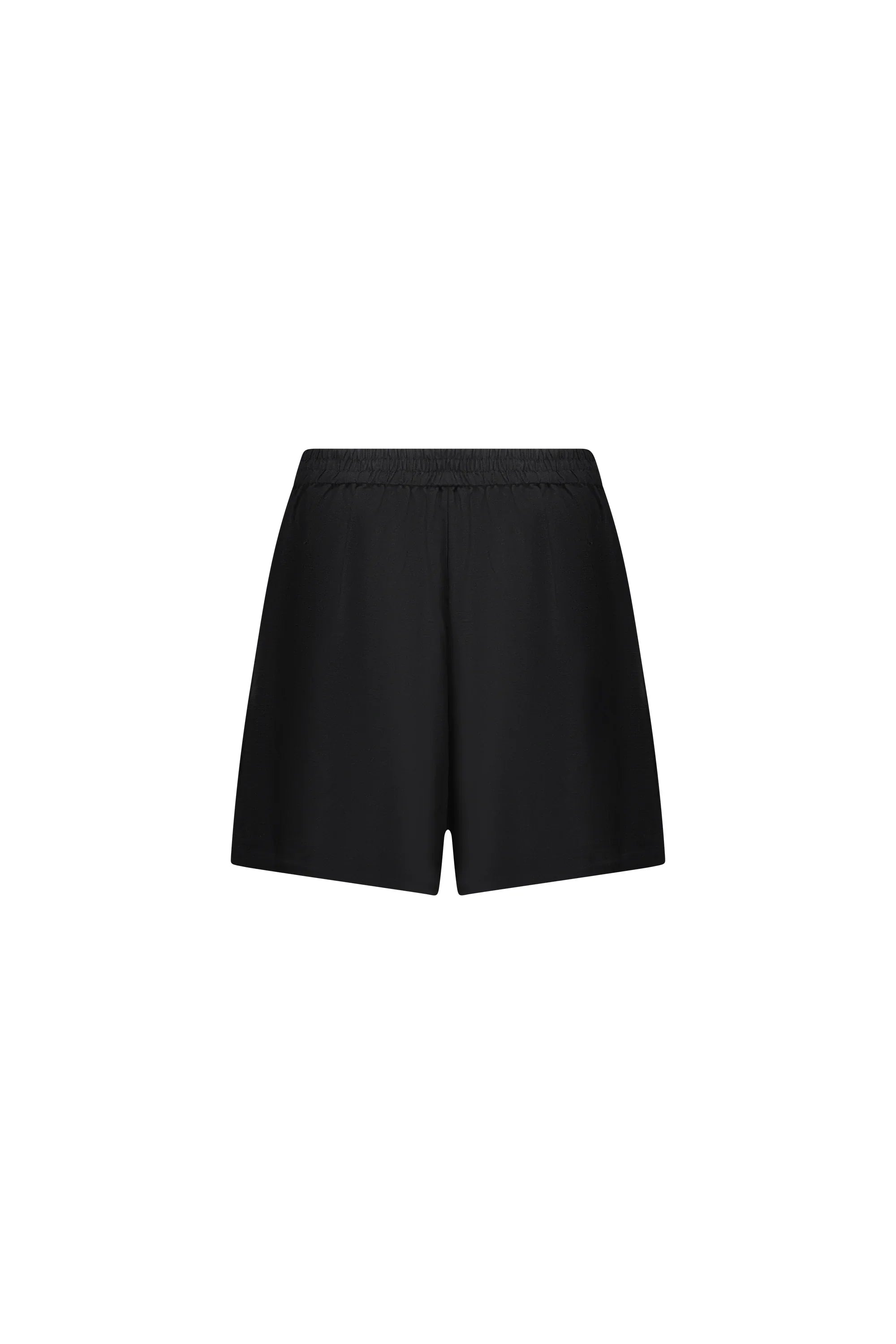 Back view of black women's shorts with elastic waistband on white background