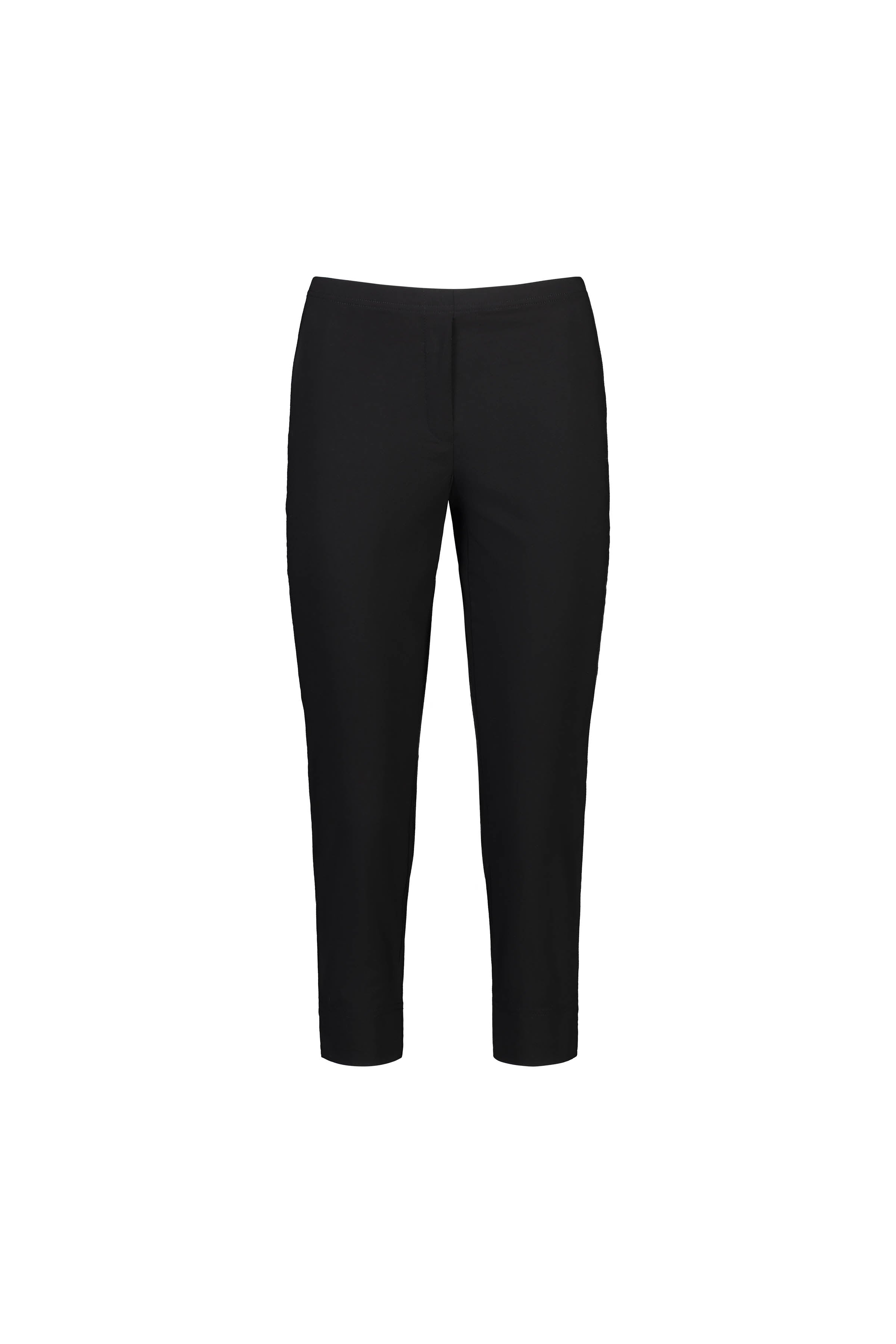 The Vassalli Paris Crop Pant - Black features a slim fit, straight cut, ankle-length design, and is made from stretch fabric, shown against a white background.