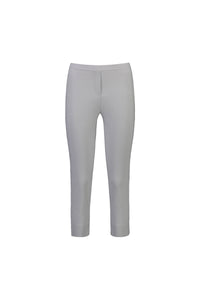 The Vassalli Paris Crop Pant - Silver is a slim-fit, ankle-length women’s pant in light grey stretch fabric, featuring a simple design with no visible pockets or embellishments, shown against a plain white background.