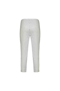The Vassalli Paris Printed Crop Pant in White w/ Stripe features vertical black pinstripes and stretch fabric for a flattering fit, displayed from the front against a plain white background.