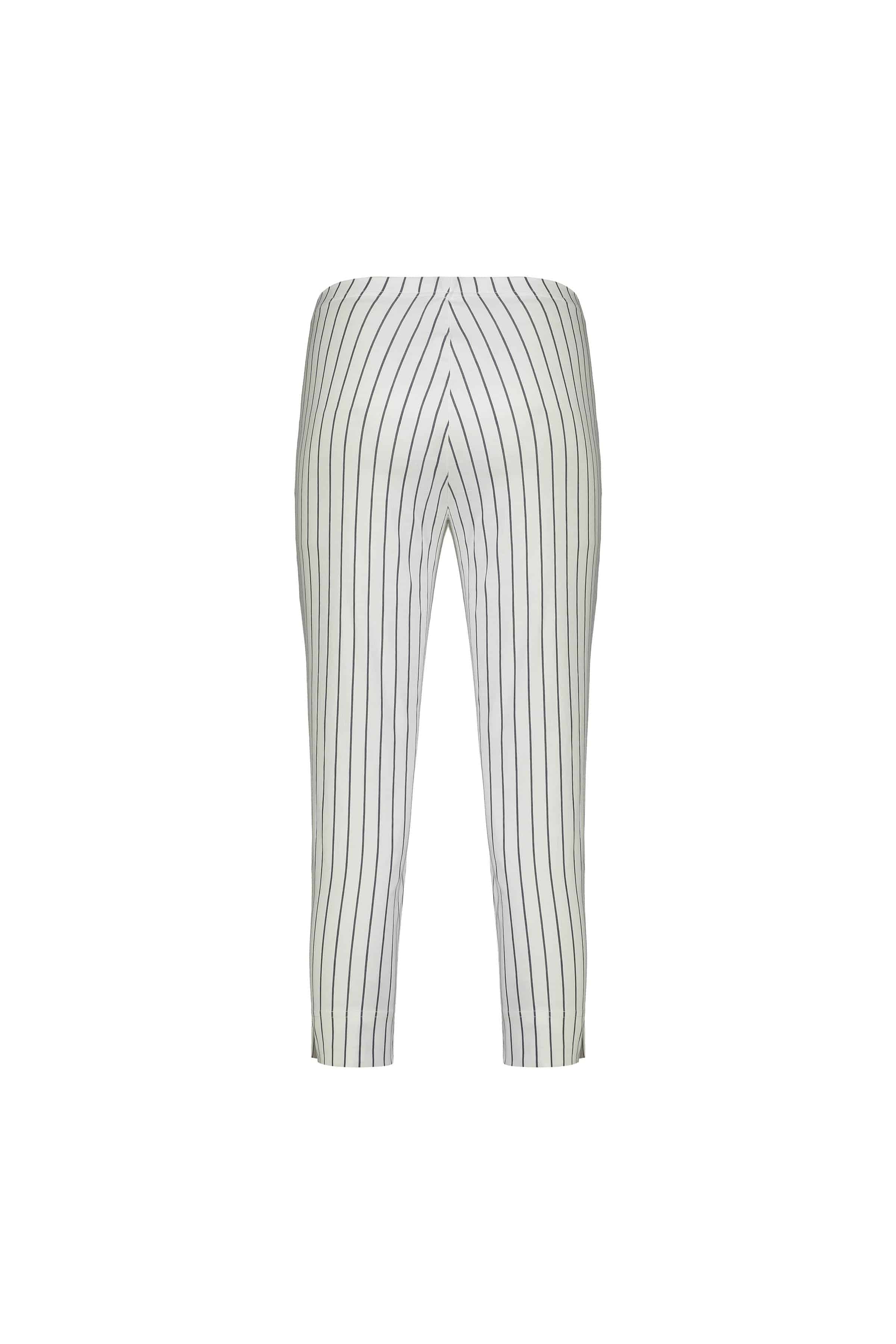 The Vassalli Paris Printed Crop Pant in White w/ Stripe features vertical black pinstripes and stretch fabric for a flattering fit, displayed from the front against a plain white background.