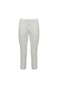 The Vassalli Paris Printed Crop Pant in white with stripe features a slim, ankle-length fit and is made from comfortable stretch fabric. Made in New Zealand, these pants have no visible pockets or embellishments.