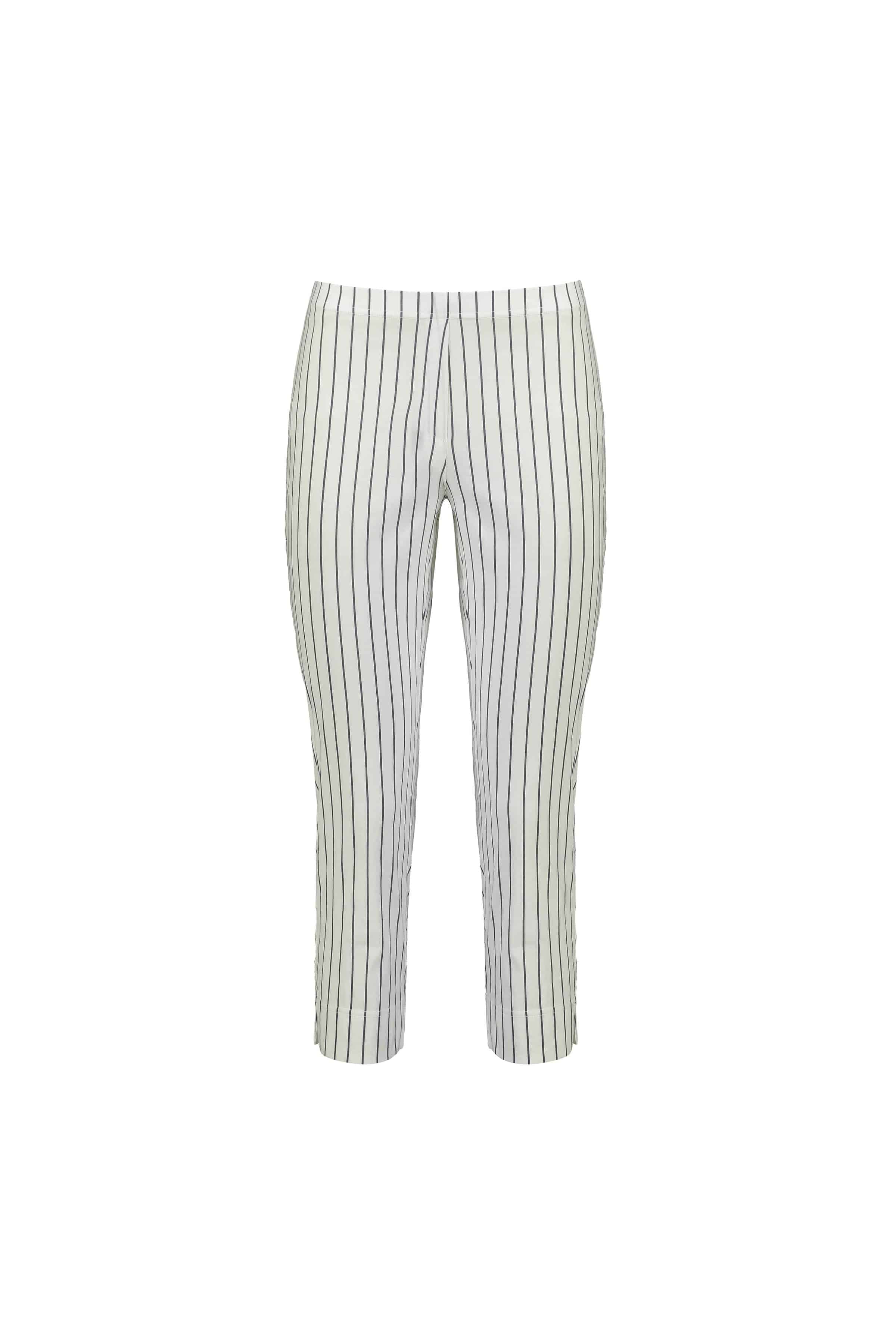 The Vassalli Paris Printed Crop Pant in white with stripe features a slim, ankle-length fit and is made from comfortable stretch fabric. Made in New Zealand, these pants have no visible pockets or embellishments.