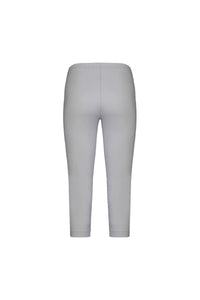 The Vassalli Paris 3/4 Pant in Silver features light gray, high-waisted, cropped leggings crafted from stretch fabric and is shown from the back on a white background.
