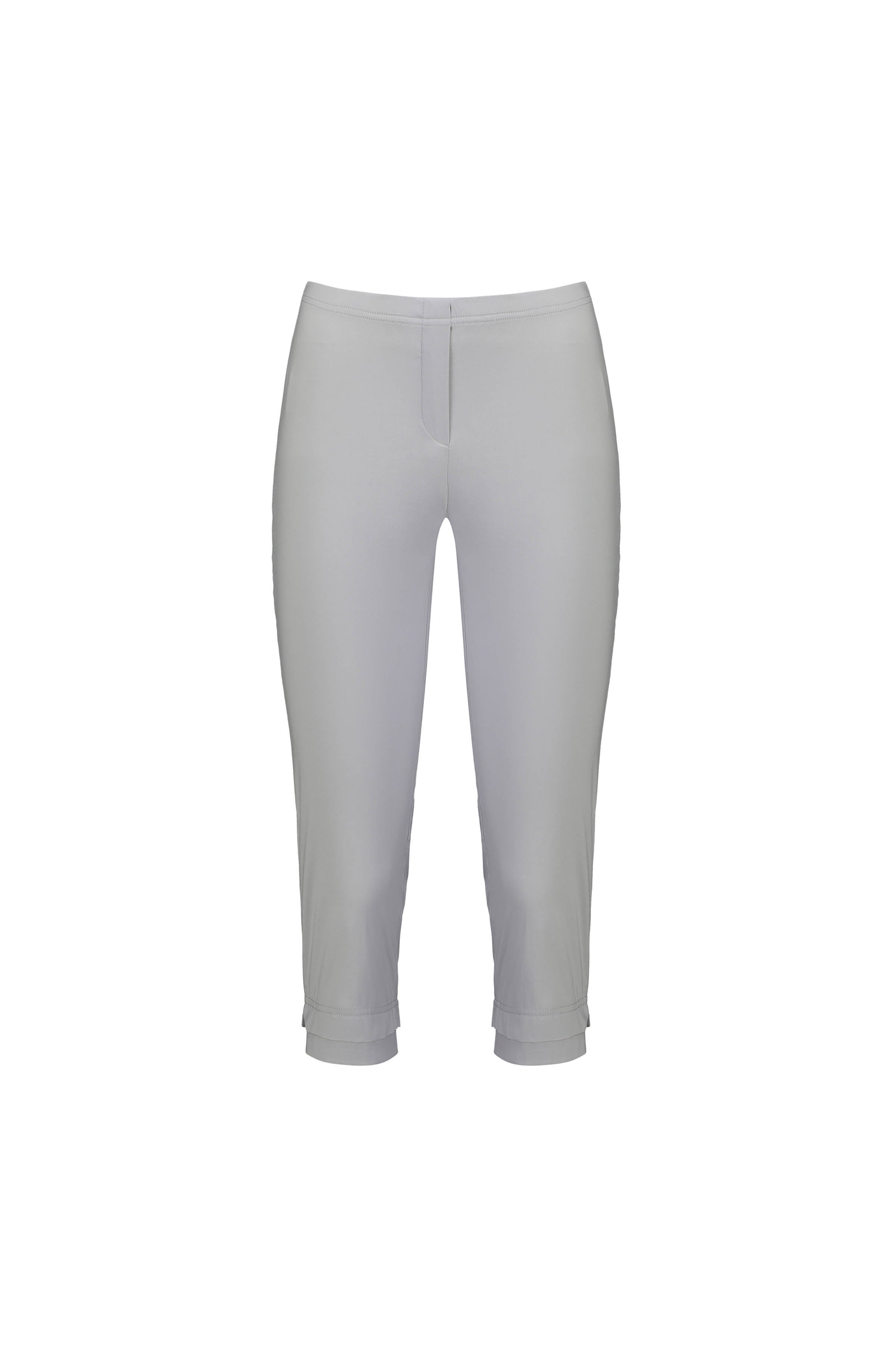 The Vassalli Paris 3/4 Pant in Silver features a mid-rise, fitted silhouette, flat front, and subtle seam details in comfortable stretch fabric—shown on a plain white background.