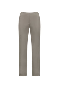 The Vassalli Paris Full Length Pant in Latte features an elastic waistband and straight-leg design, made in New Zealand from soft stretch fabric, shown on a white background.