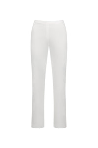 The Vassalli Paris Full Length Pant - White features a minimal, smooth-front design with a slim, straight-leg silhouette. Made from stretch fabric for comfort, these pants have no visible pockets or embellishments.
