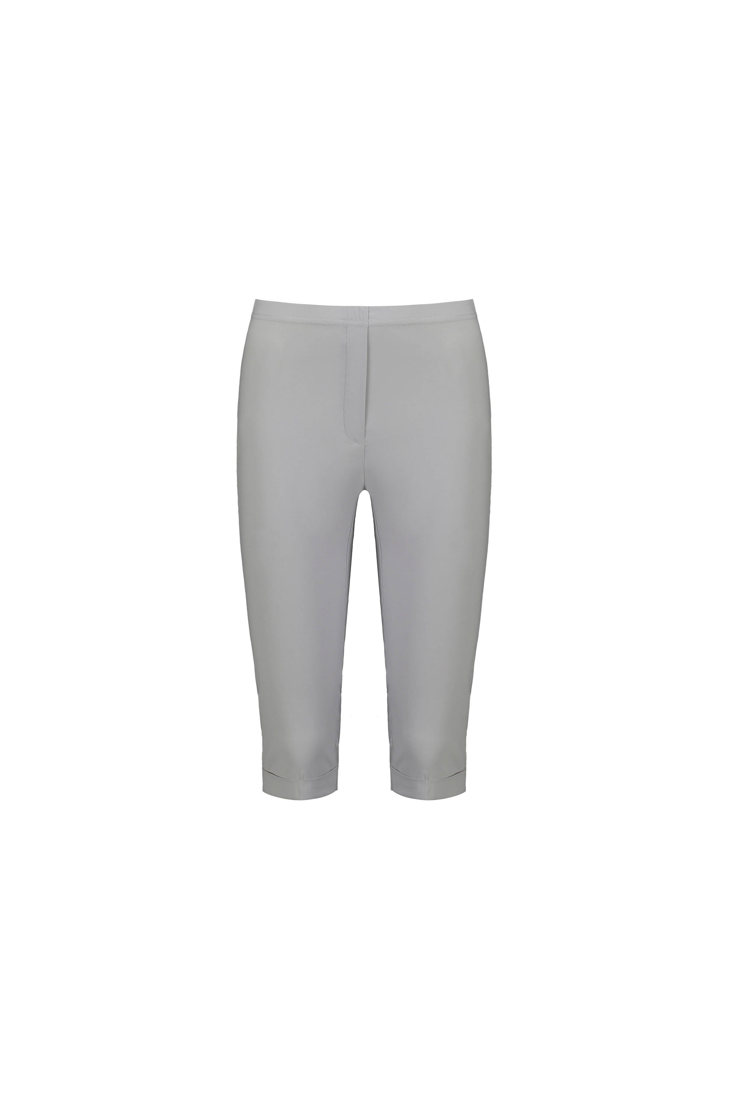 The Paris Short - Silver by Vassalli is a gray, knee-length fitted short from the Paris Collection, made with stretch fabric for comfort. Mid-rise and minimalistic, it features a clean front with no visible pockets or embellishments.