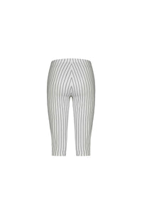 The Vassalli Paris Printed Short - White w/ Stripe features knee-length fitted design with vertical black pinstripes and a chevron pattern at the crotch, made from stretch fabric for comfort and style, shown on a plain white background.