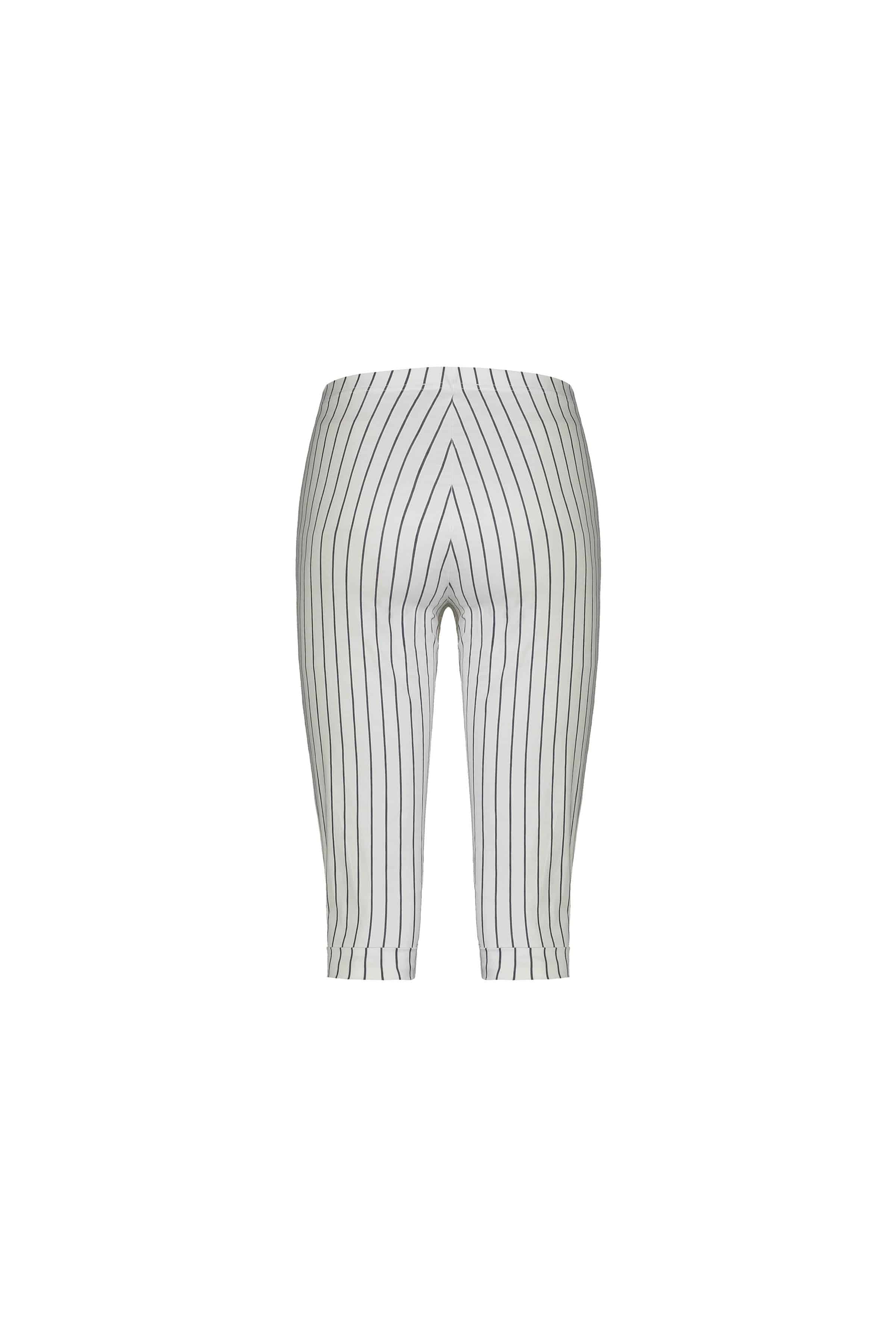 The Vassalli Paris Printed Short - White w/ Stripe features knee-length fitted design with vertical black pinstripes and a chevron pattern at the crotch, made from stretch fabric for comfort and style, shown on a plain white background.