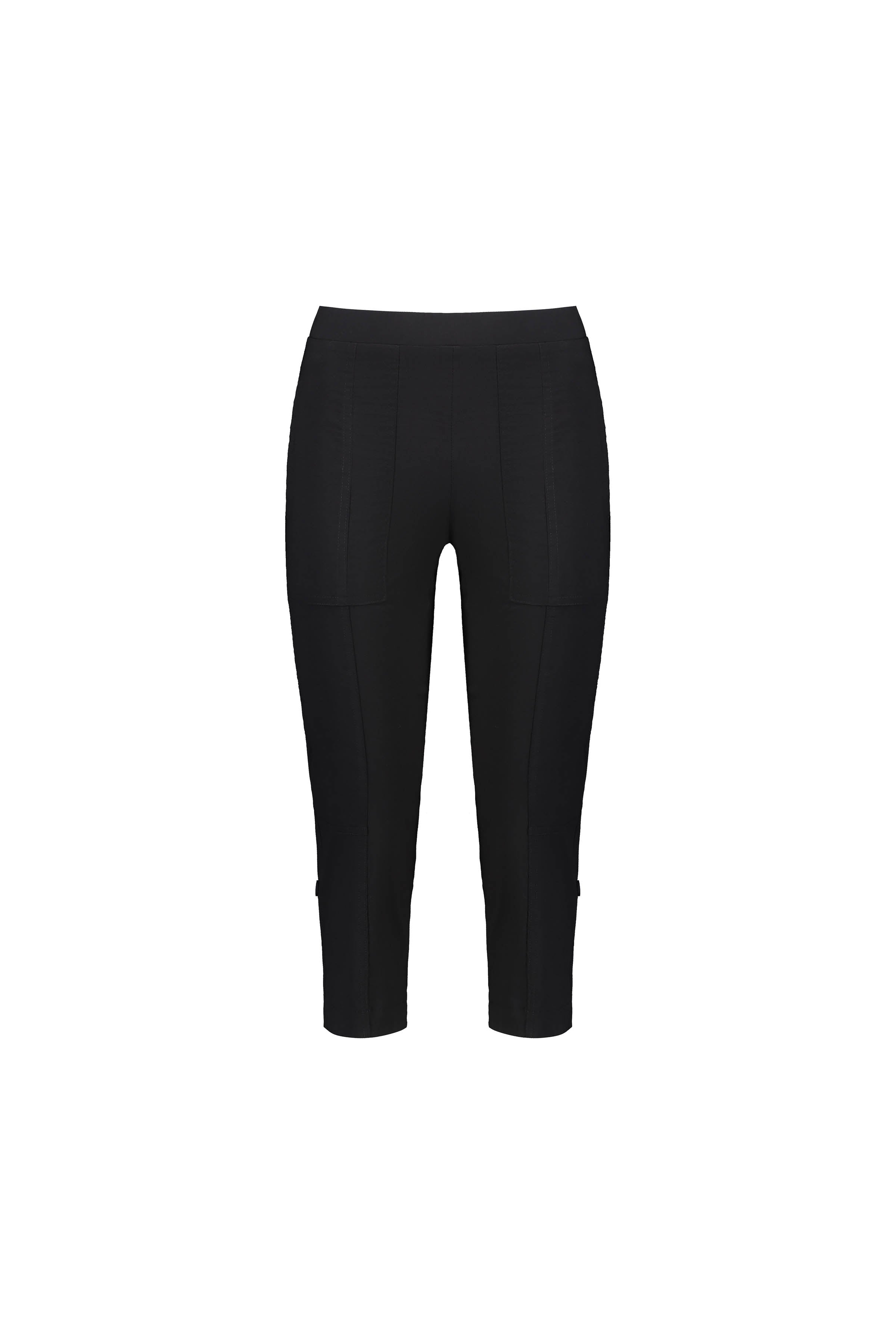 The Vassalli Paris 3/4 Cargo Short in black features a mid-rise, cropped fit with stretch fabric and visible seam details, made in New Zealand.