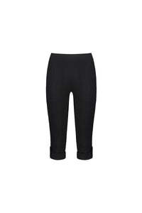 The Vassalli Paris 3/4 Cargo Short in black features a fitted waist, front seam details, and cuffed hems with button accents. Made from stretch fabric for comfort, these shorts are made in New Zealand and shown on a plain white background.