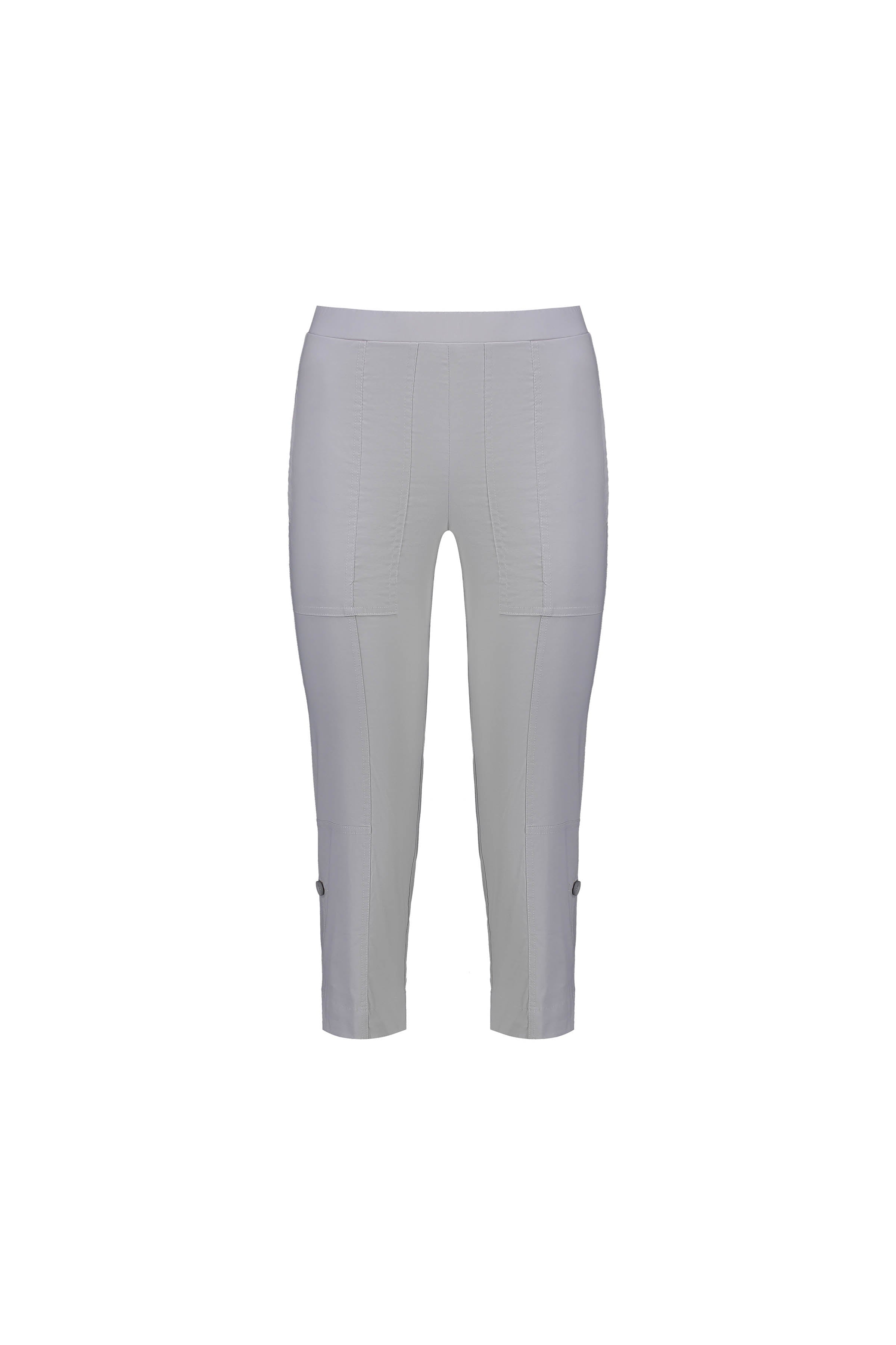 The Vassalli Paris 3/4 Cargo Short in Silver features a light grey shade, cropped length, flat waistband, seam details, and button accents at the hem. Made in New Zealand from stretch fabric and shown on a plain white background.