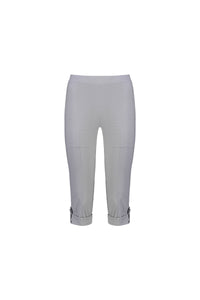 The Vassalli Paris 3/4 Cargo Short in Silver features a slim fit, visible stitching, rolled cuffs, and buttoned straps at the hem. Made from stretch fabric, this style is shown on a plain white background.