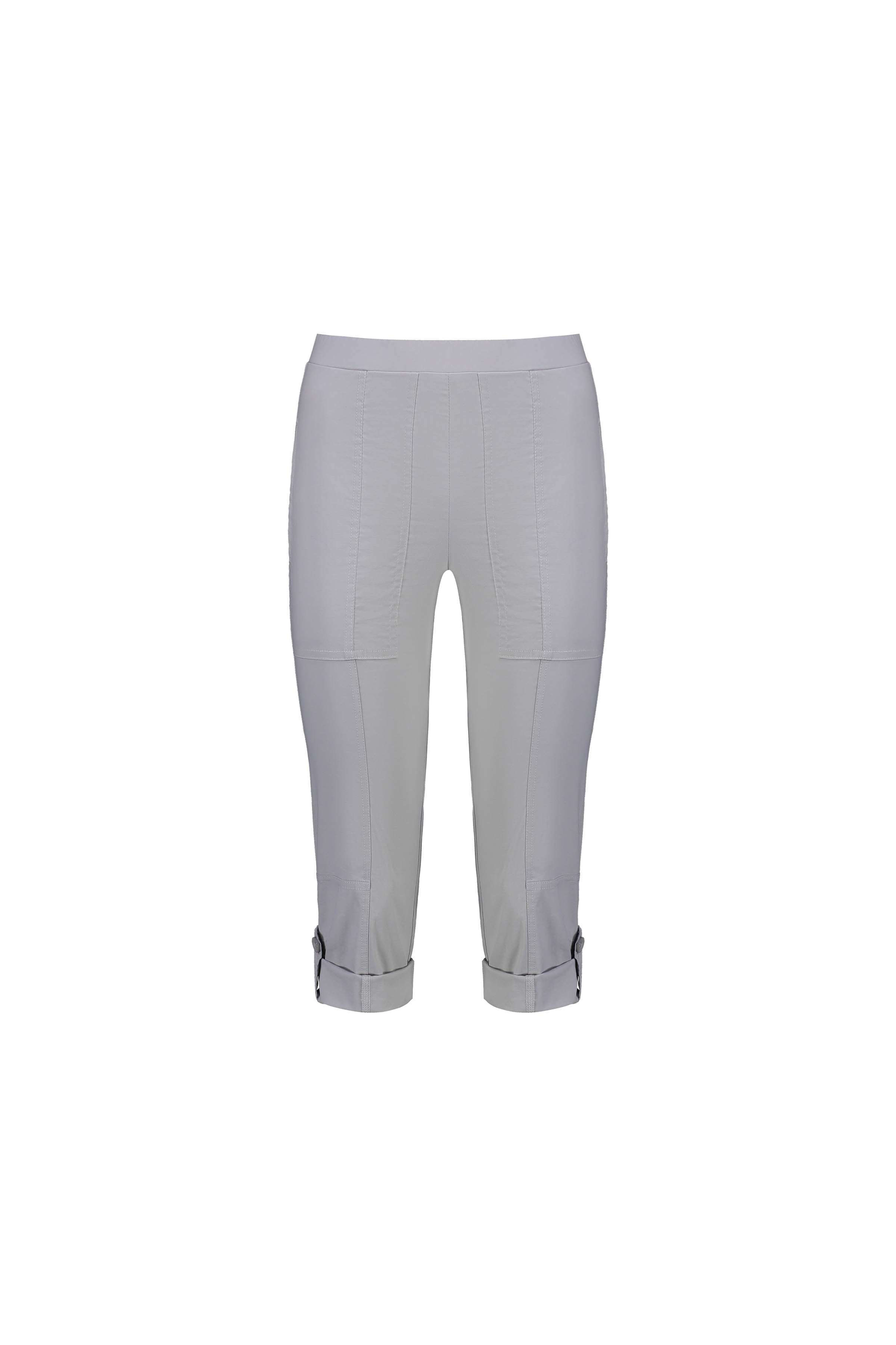 The Vassalli Paris 3/4 Cargo Short in Silver features a slim fit, visible stitching, rolled cuffs, and buttoned straps at the hem. Made from stretch fabric, this style is shown on a plain white background.