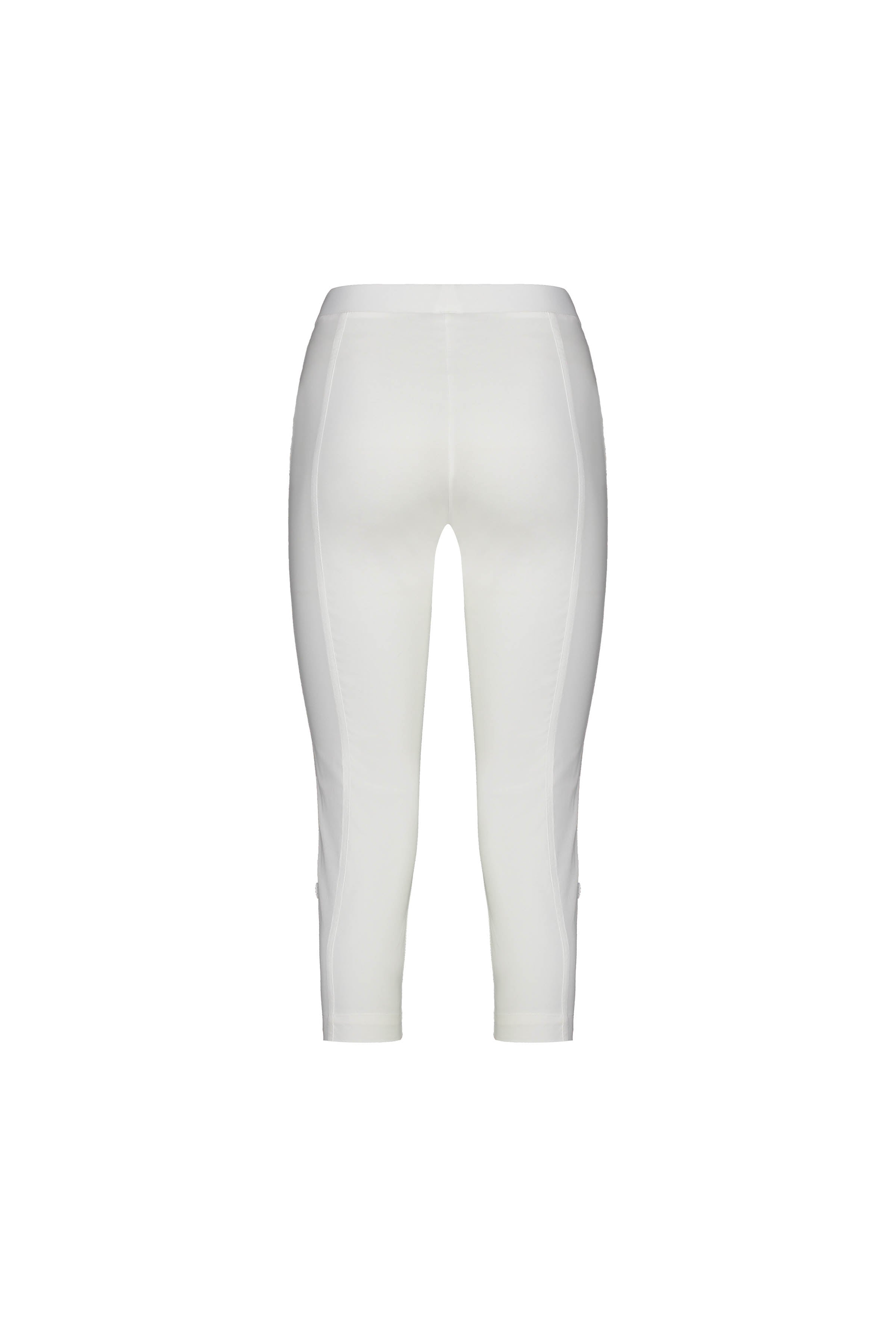 The Vassalli Paris 3/4 Cargo Short in White is shown from the back on a plain white background, featuring a high waistband and fitted stretch design that ends below the knee for a sleek, comfortable fit.
