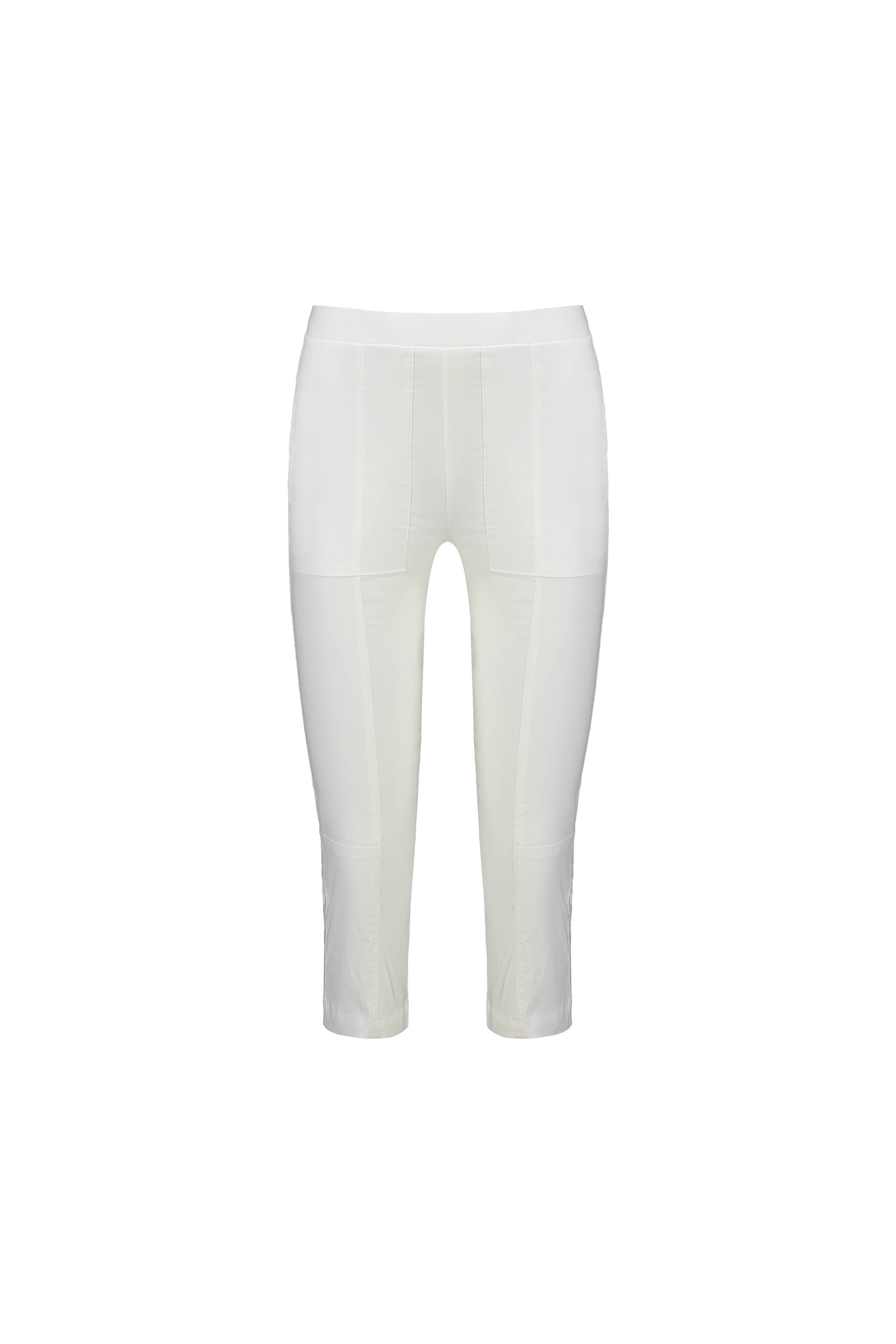 The Vassalli Paris 3/4 Cargo Short in white features a fitted, straight-leg cut, stretch fabric, mid-rise fit below the knee, seam detailing, and is part of the elegant Paris Collection. Displayed on a plain white background.