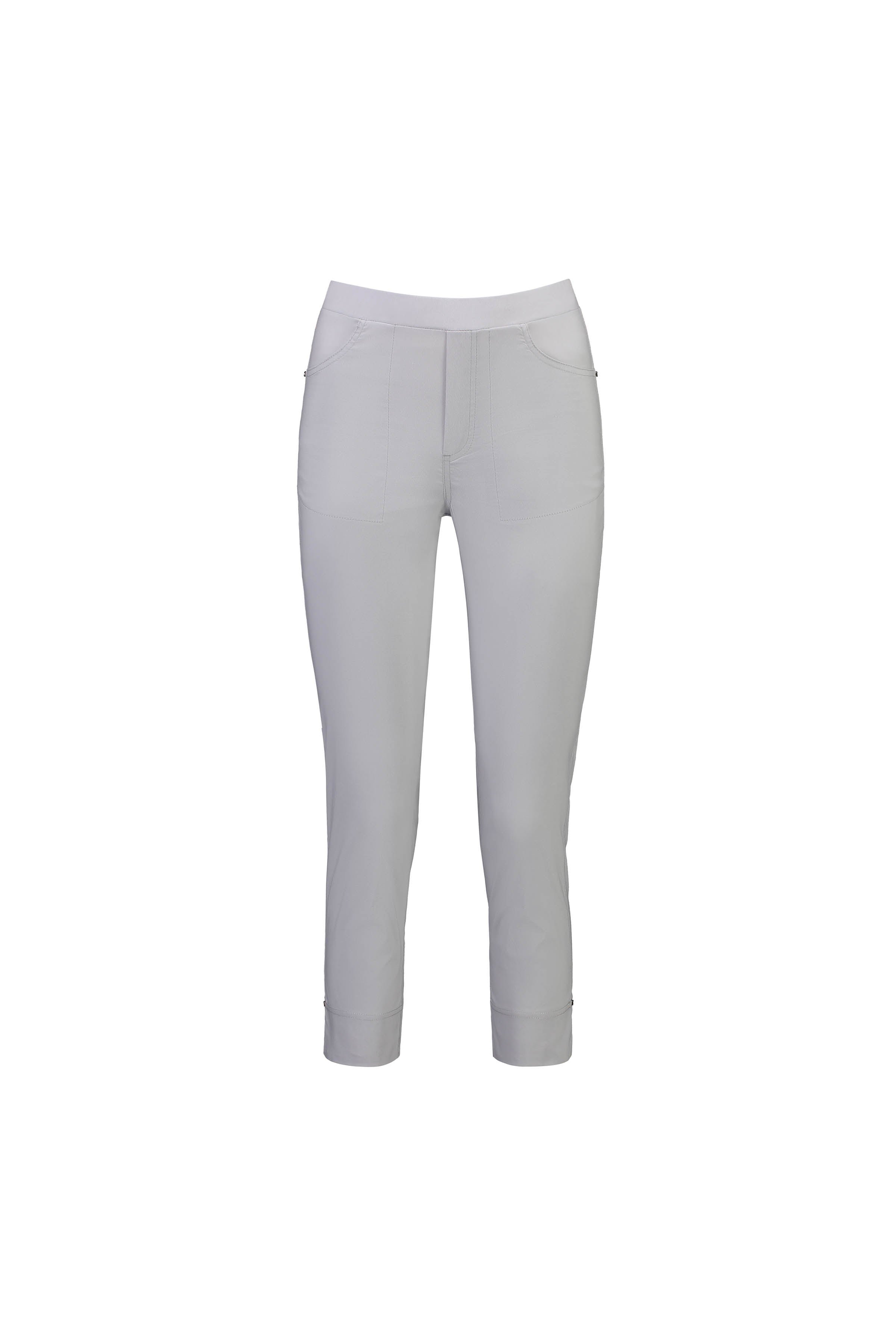 Vassalli Paris Tour Capri in Silver features a slim fit, mid-rise waistband, stretch fabric, front pockets, and cuffed hems. Displayed on a plain white background.