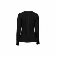 Back view of black long sleeve knit top with contrast stitching, minimalist style
