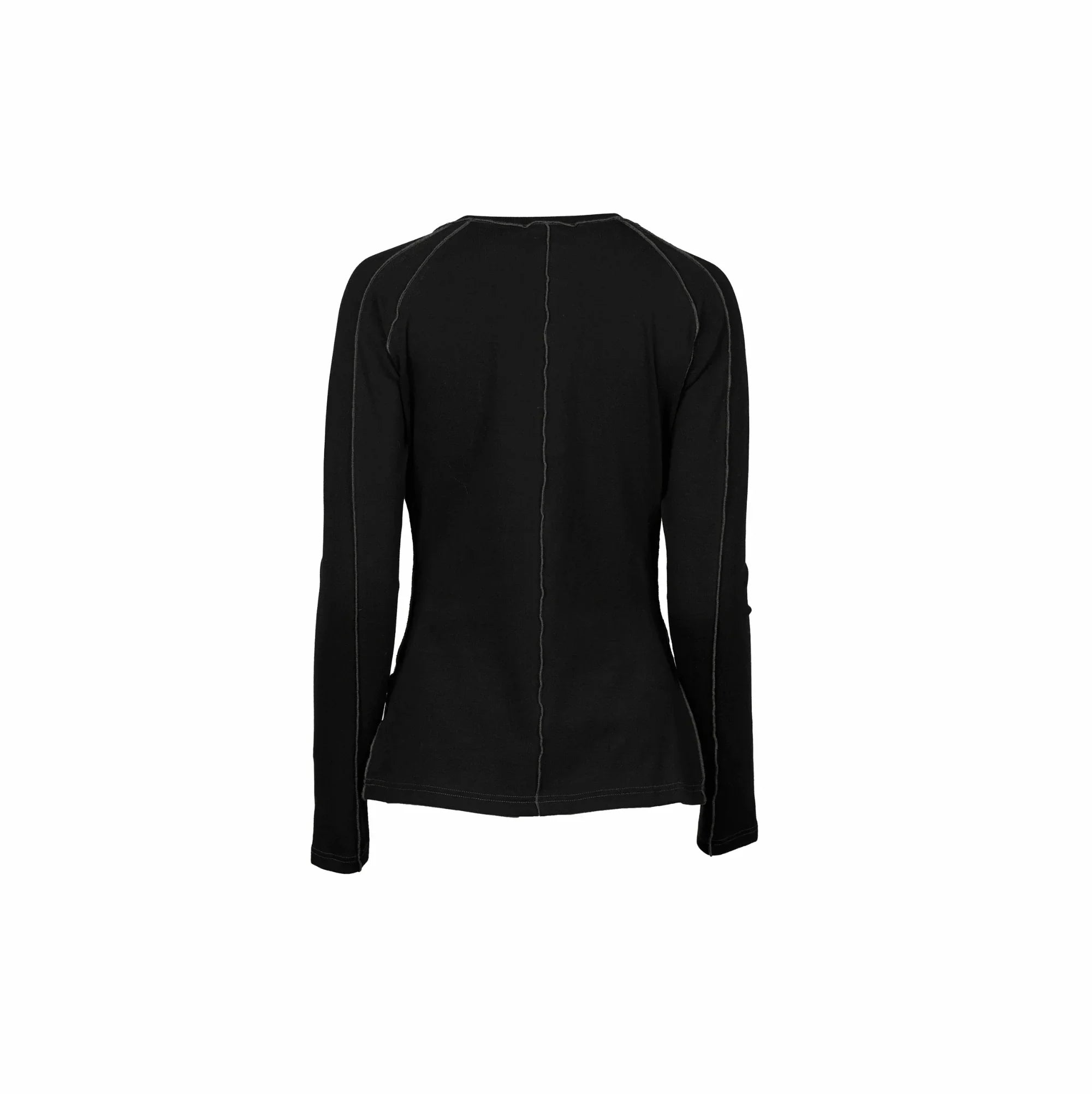 Back view of black long sleeve knit top with contrast stitching, minimalist style