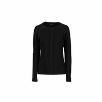 Black long sleeve knit top with exposed white seam detailing on white background