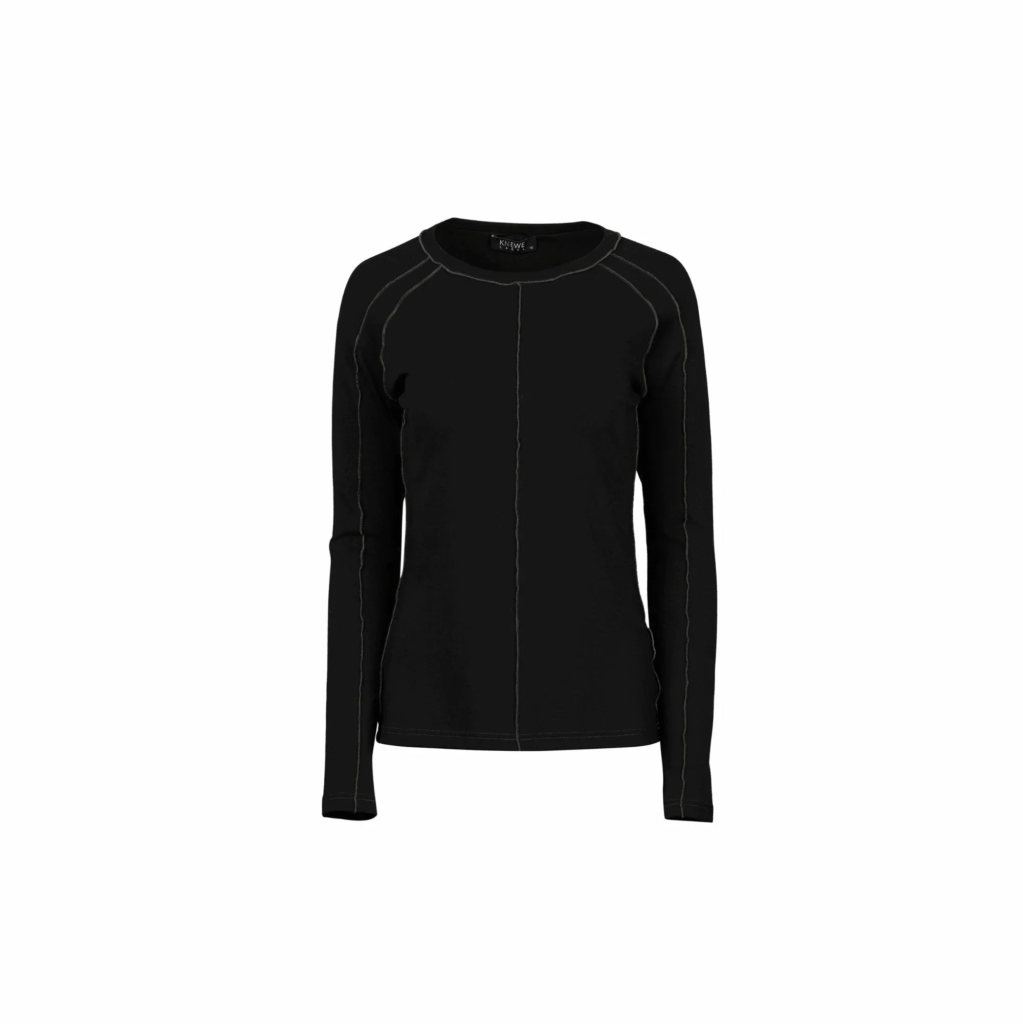 Black long sleeve knit top with exposed white seam detailing on white background