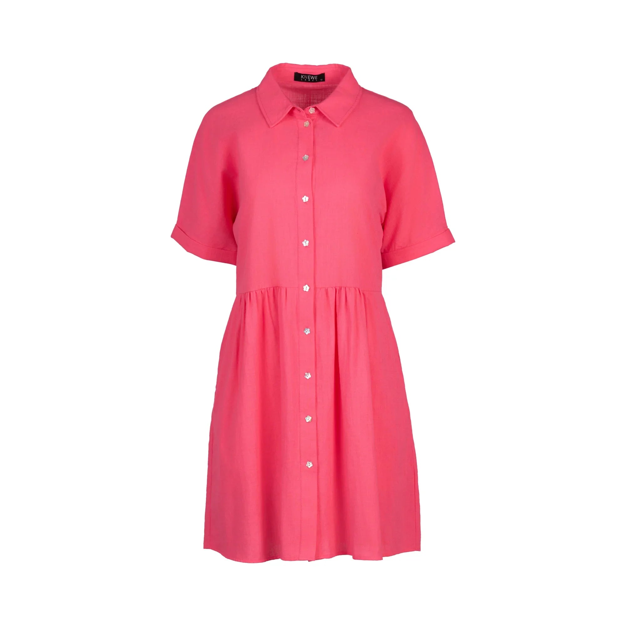 Raspberry pink cocoon dress with short sleeves and button front, contemporary women’s fashion