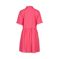 Back view of short-sleeve raspberry pink cocoon dress with relaxed fit