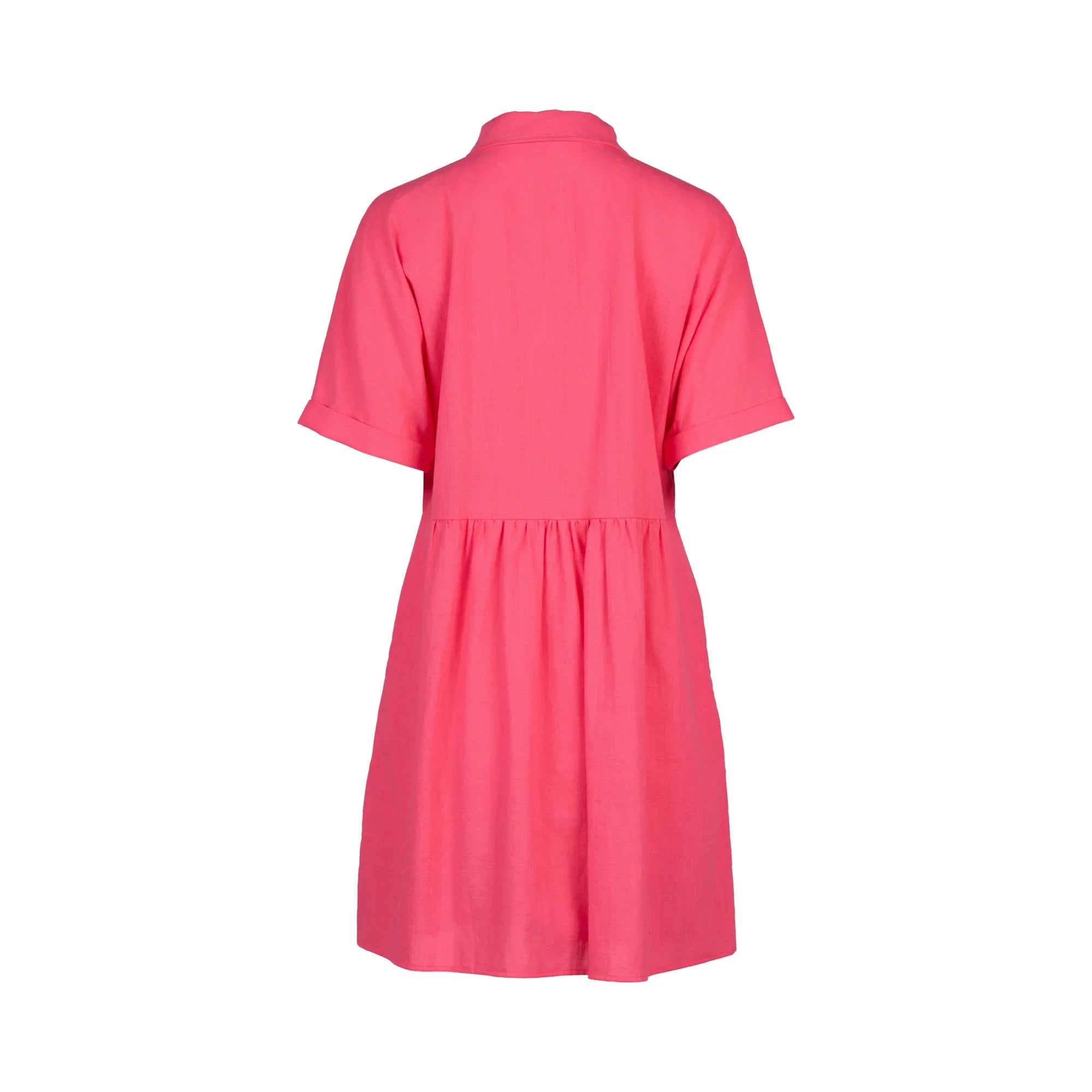 Back view of short-sleeve raspberry pink cocoon dress with relaxed fit