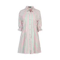 Candy apple striped shirt dress with button front and ruffled sleeves on white background