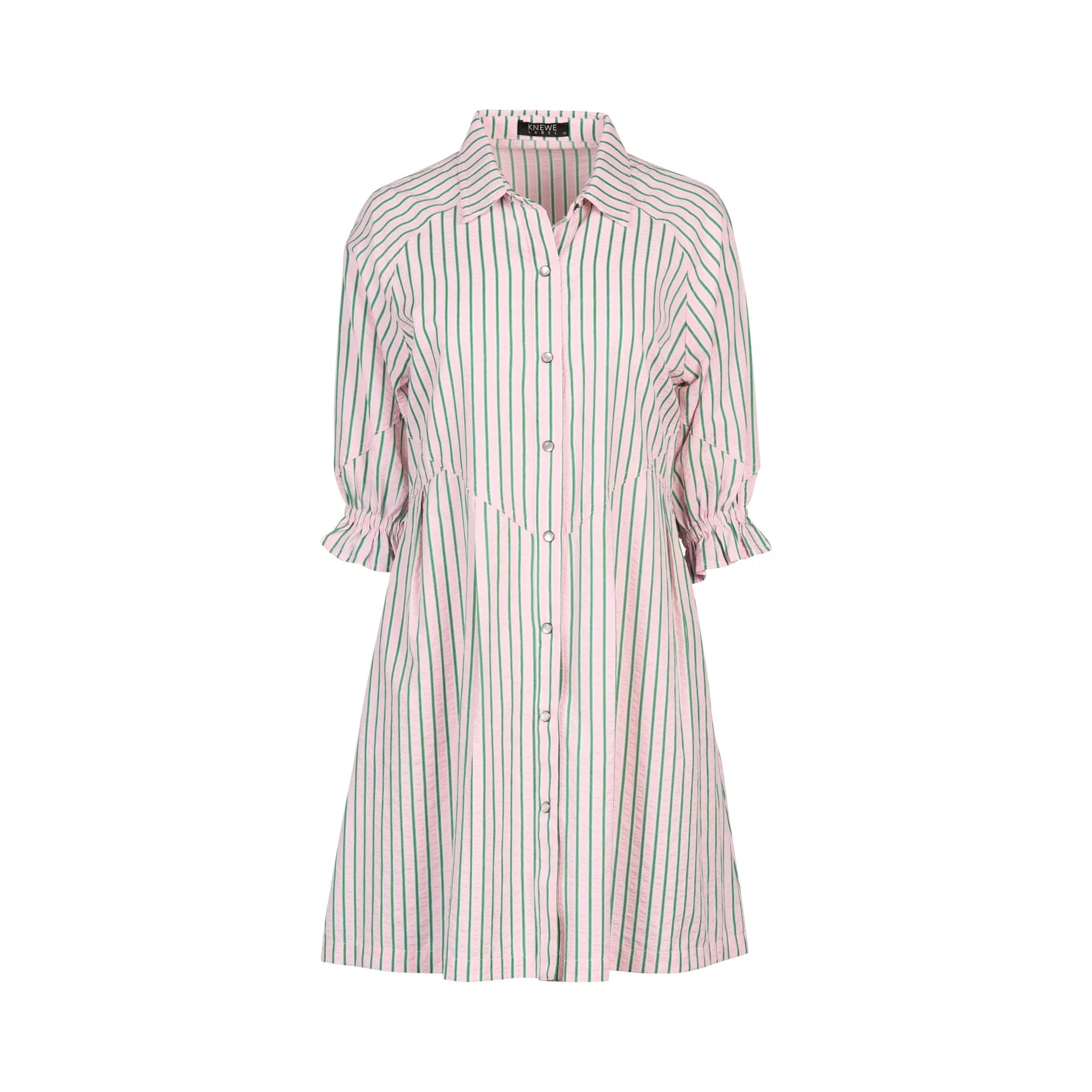 Candy apple striped shirt dress with button front and ruffled sleeves on white background
