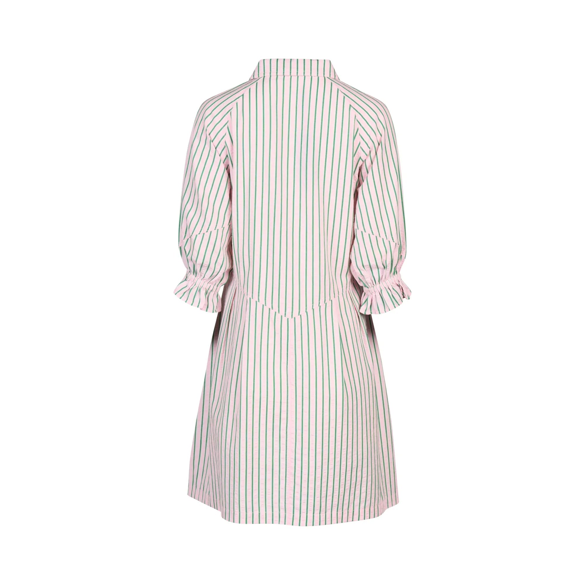 Back view of striped candy apple dress with collar and puff sleeves