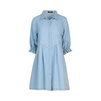 Light wash denim shirt dress with button front and ruched three-quarter sleeves