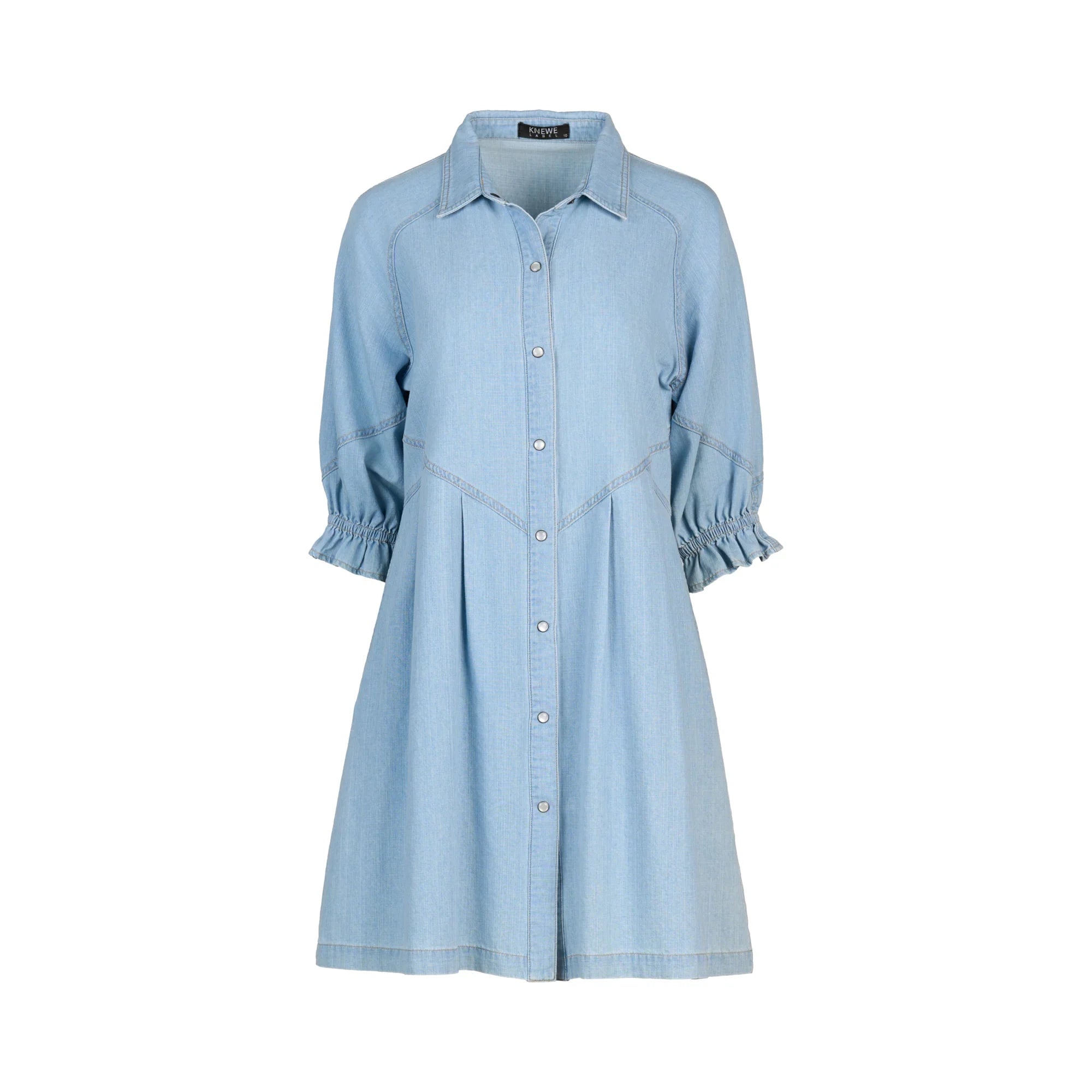 Light wash denim shirt dress with button front and ruched three-quarter sleeves