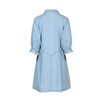 Back view of a light wash denim dress with puffed sleeves and gathered cuffs
