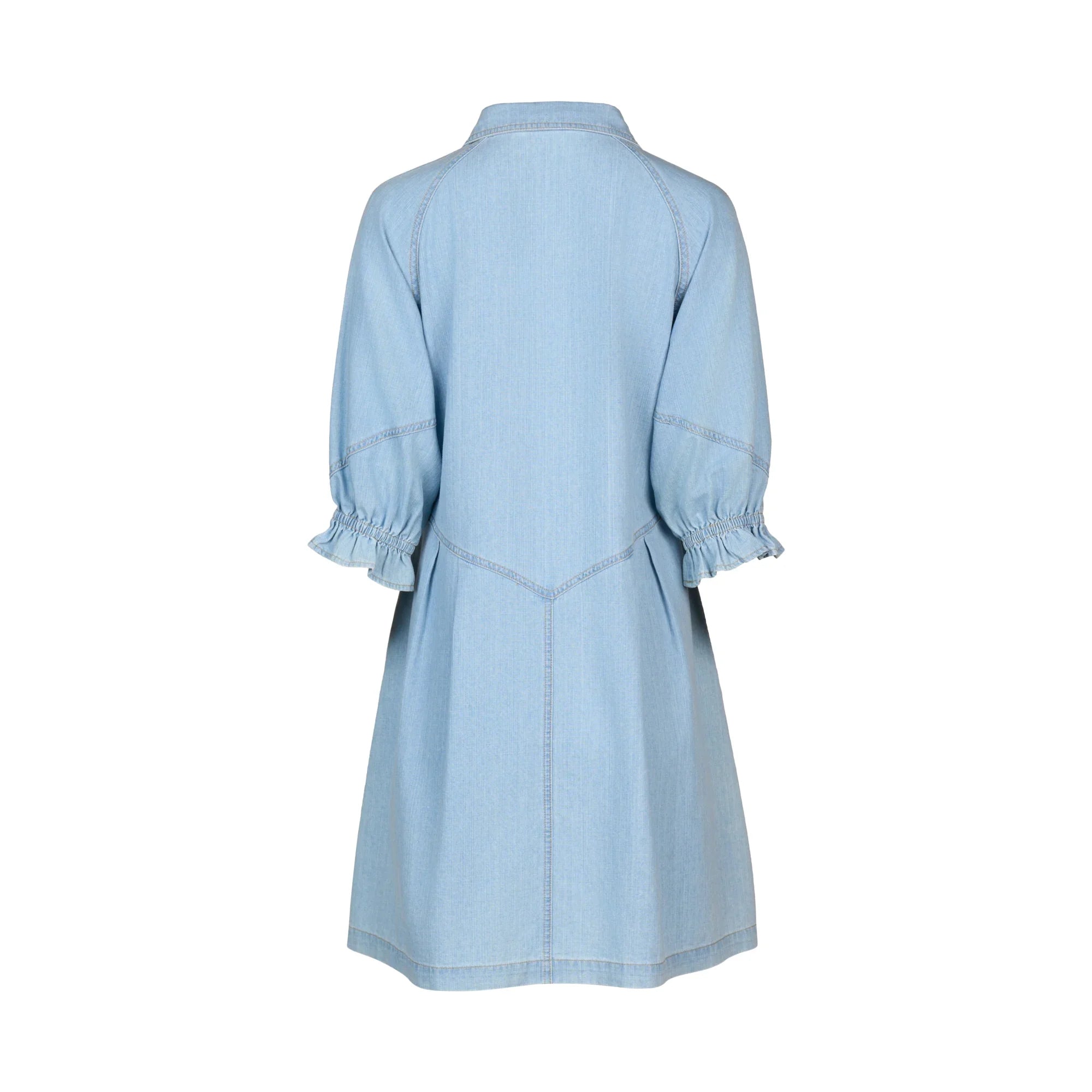 Back view of a light wash denim dress with puffed sleeves and gathered cuffs