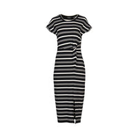 Black and white striped midi dress with short sleeves and front knot detail