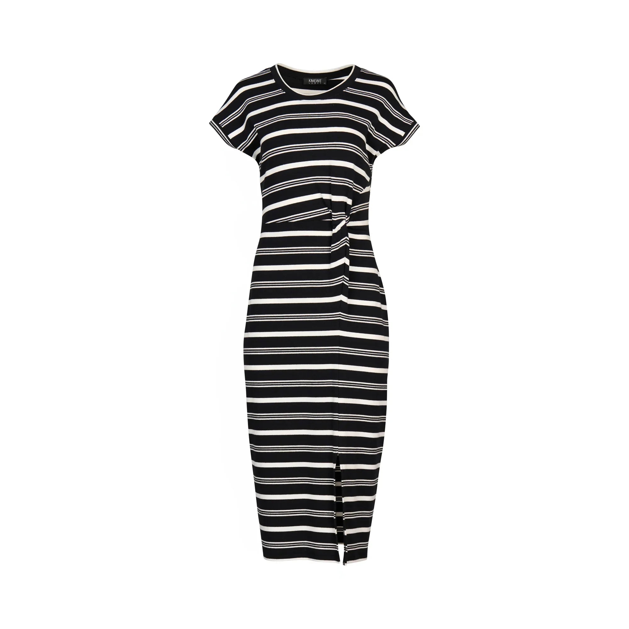 Black and white striped midi dress with short sleeves and front knot detail