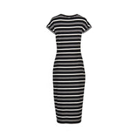Back view of black and white striped midi dress with short sleeves, studio background
